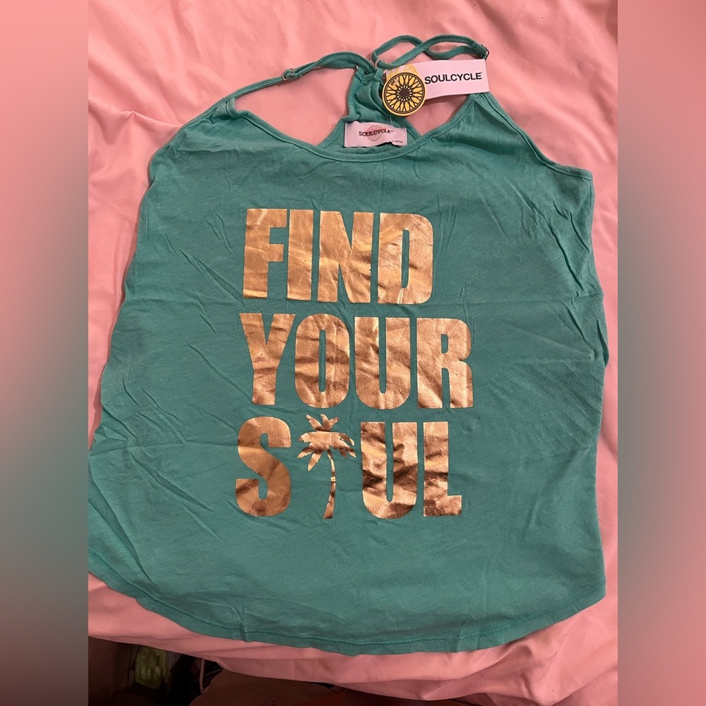 NWT Women's SOULCYCLE Find Your Soul Flowy Palm Tree Aqua Green Tank Size XS $52